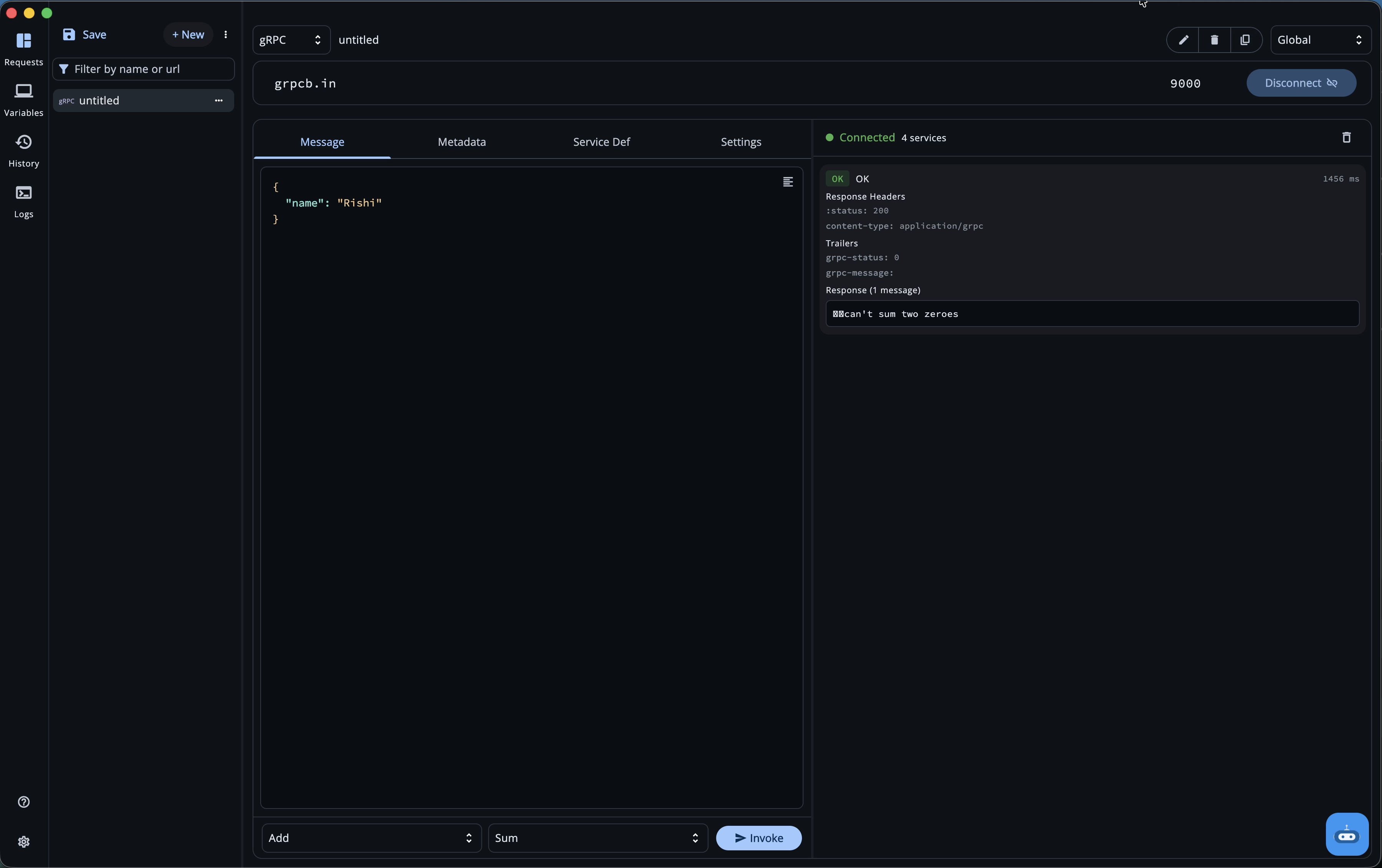 gRPC PoC — unary call result