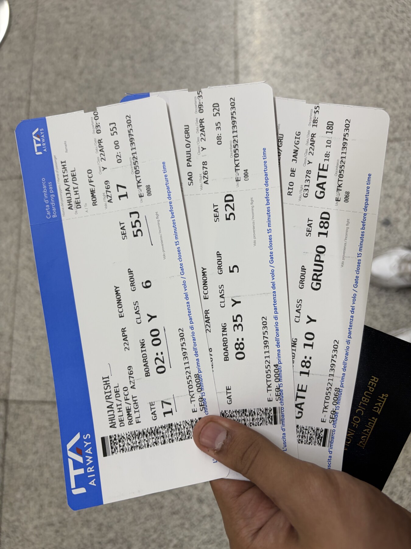 Boarding passes for the Delhi-Rome-São Paulo-Rio route.